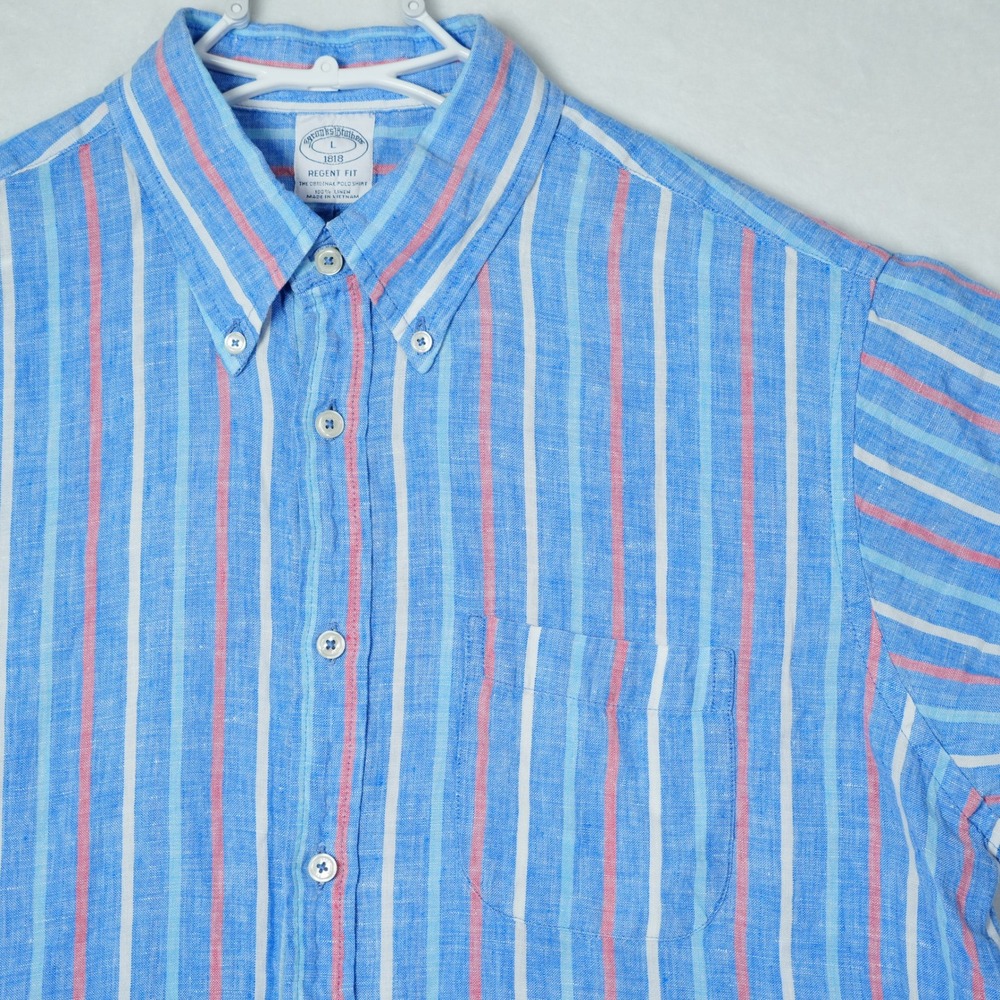 Brooks Brothers 1818 Regent Fit Linen Short Sleeve Striped Shirt Blue Pink L